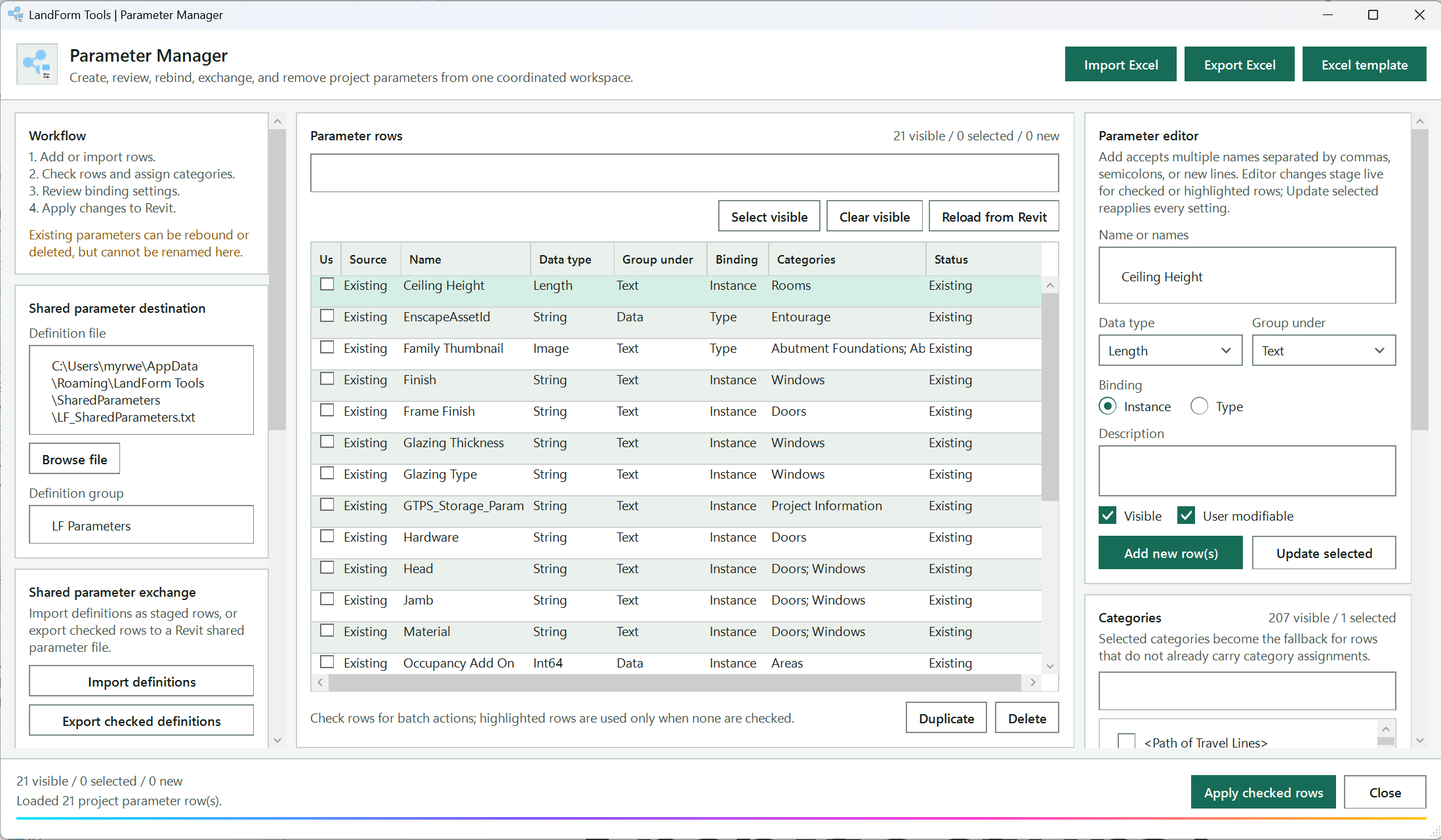 Parameter Manager: Parameter Manager window